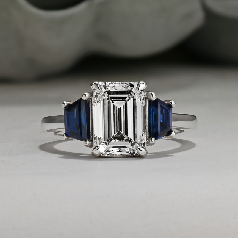3ct Emerald Cut & Trapeze Sapphire Ring