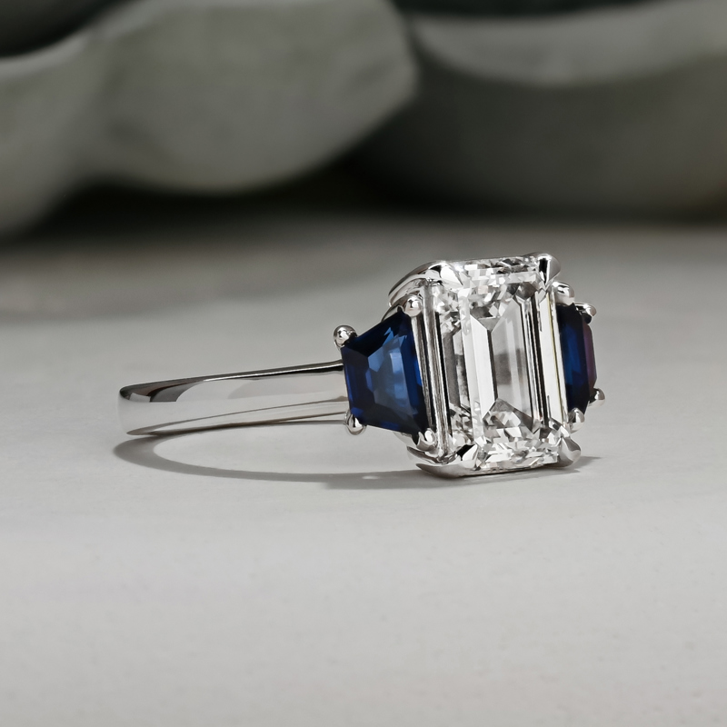 3ct Emerald Cut & Trapeze Sapphire Ring