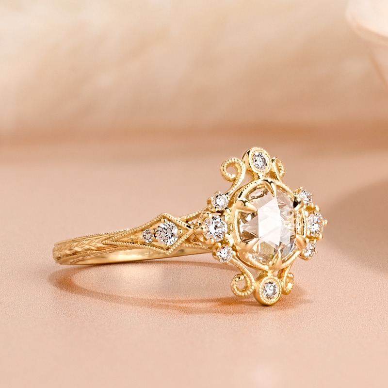 1ct Rose Cut Hand Engraved Vintage Ring