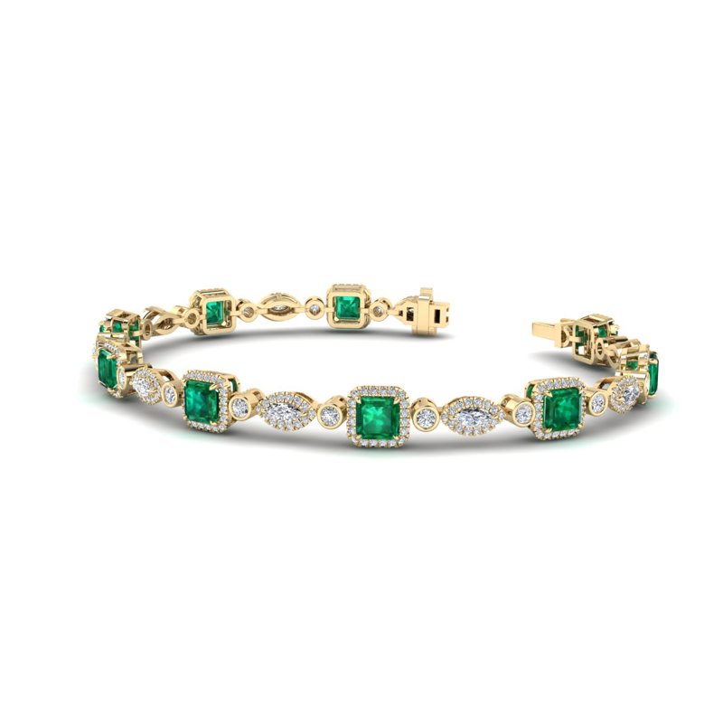 Yellow Gold Emerald & Diamond Halo Bracelet (6-1/2ctw)