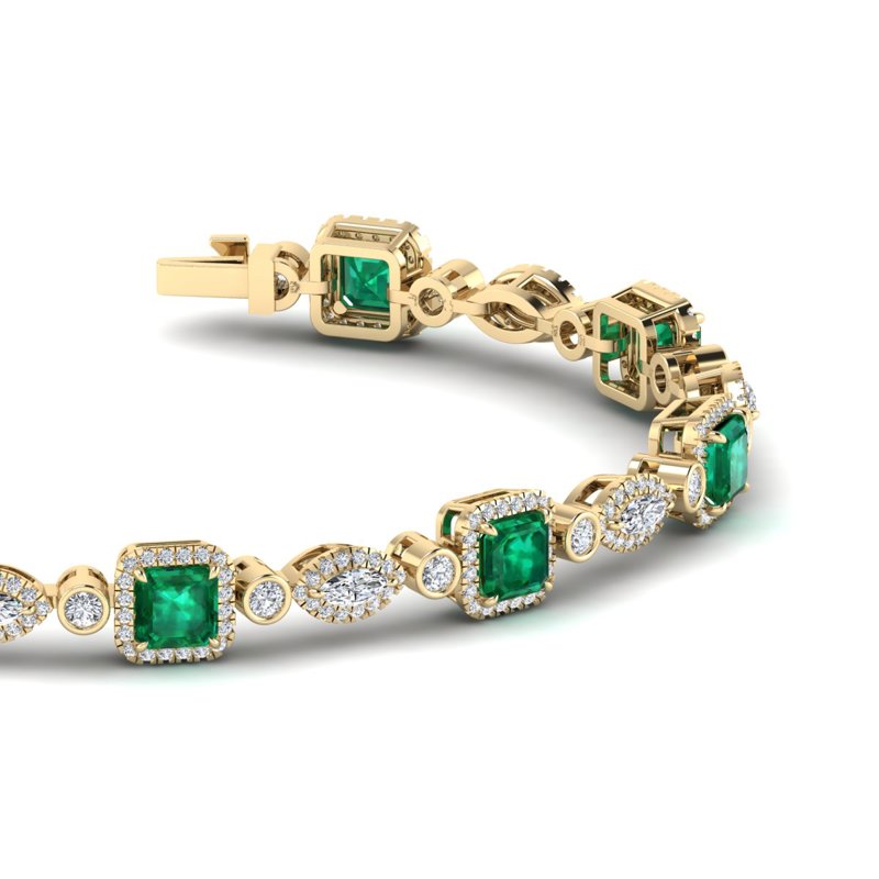 Yellow Gold Emerald & Diamond Halo Bracelet (6-1/2ctw)