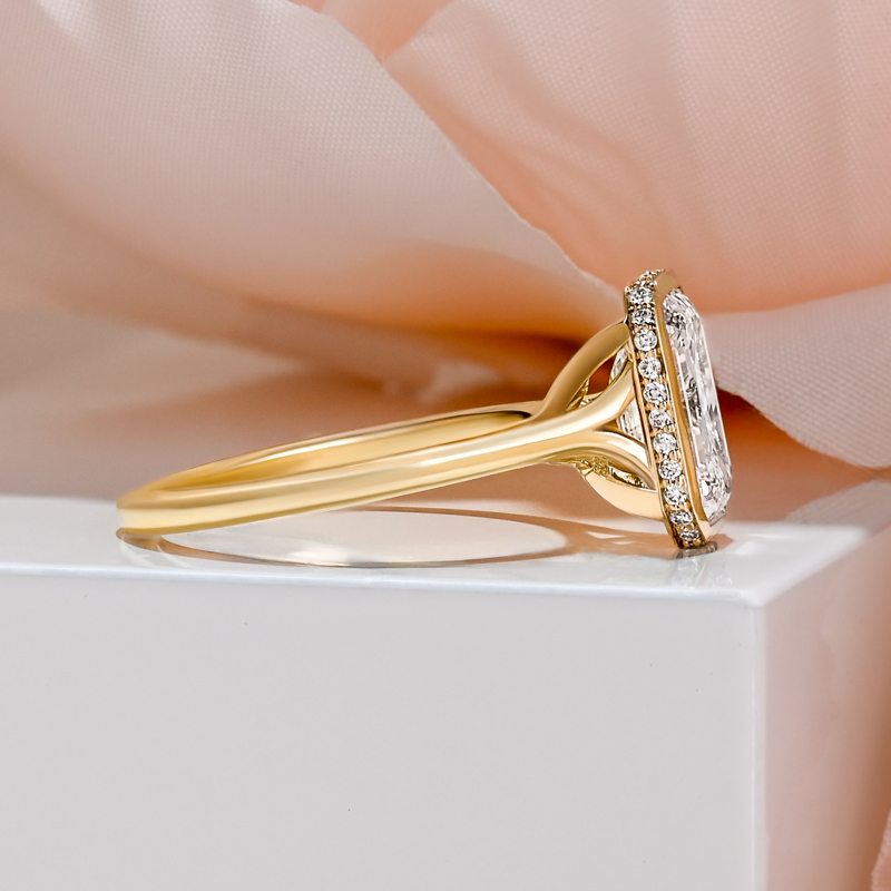 Custom Yellow Gold 2-1/4ct Elongated Cushion Hidden Halo Bezel Ring