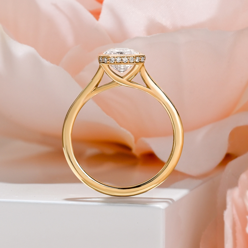 Custom Yellow Gold 2-1/4ct Elongated Cushion Hidden Halo Bezel Ring