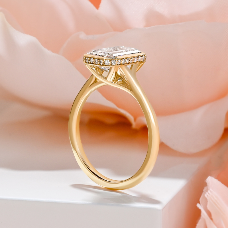 Custom Yellow Gold 2-1/4ct Elongated Cushion Hidden Halo Bezel Ring