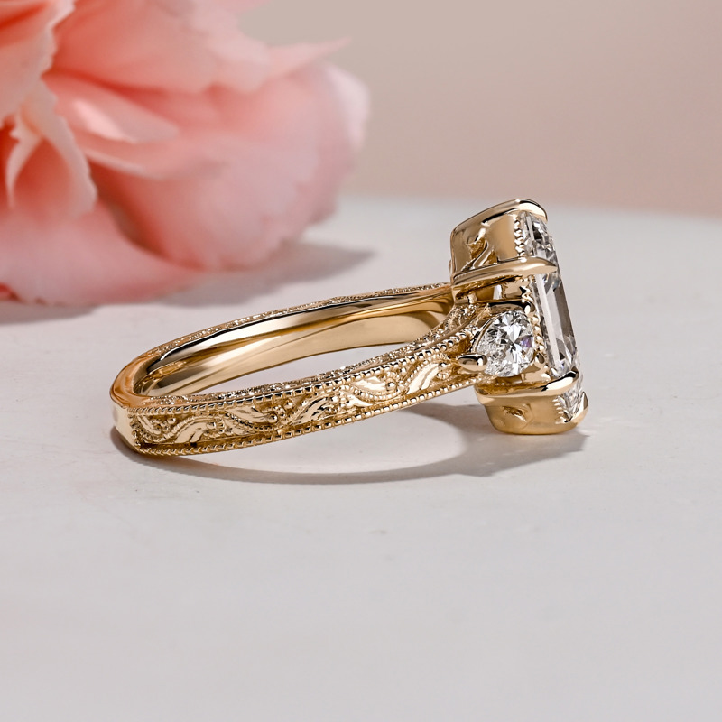 Custom Yellow Gold 2ct Elongated Hexagon Three Stone Carved Ring
