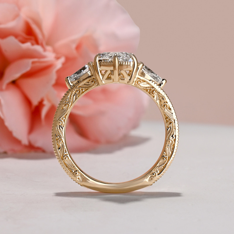 Custom Yellow Gold 2ct Elongated Hexagon Three Stone Carved Ring