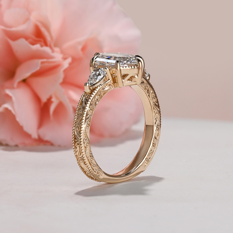 Custom Yellow Gold 2ct Elongated Hexagon Three Stone Carved Ring