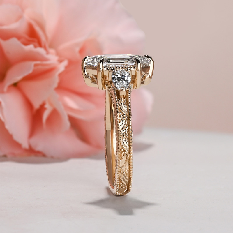 Custom Yellow Gold 2ct Elongated Hexagon Three Stone Carved Ring