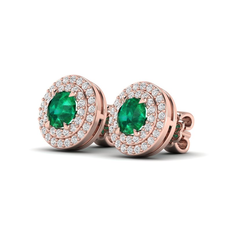Rose Gold Round Emerald & Diamond Earrings