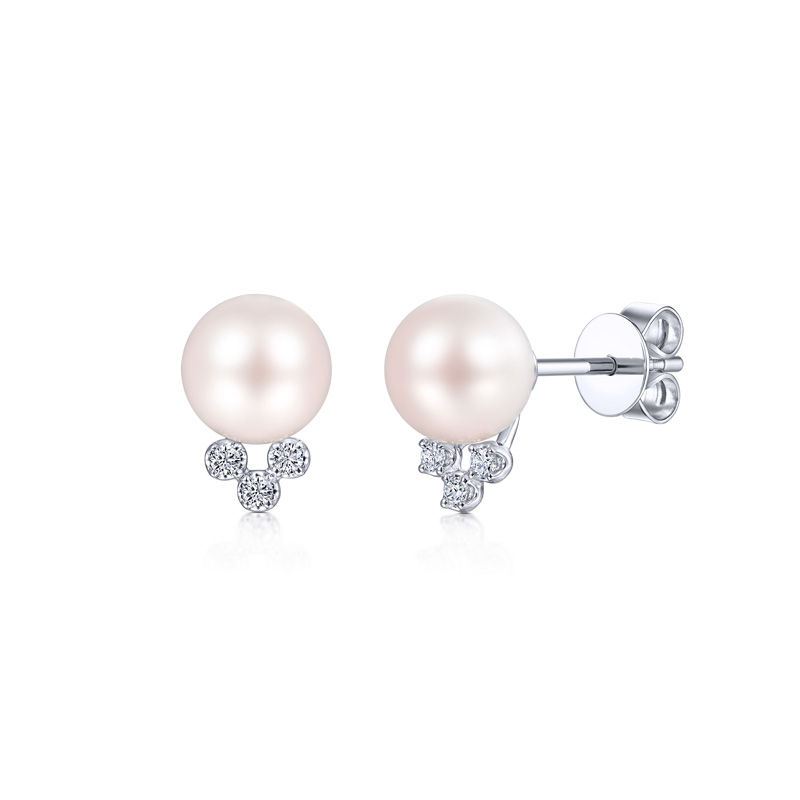 Sterling Silver Pearl and Lab Grown Diamond Cluster Earrings