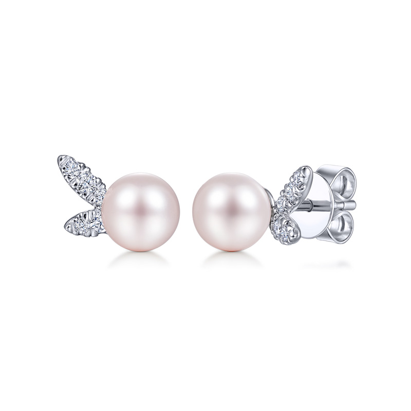 Sterling Silver Pearl and Lab Grown Diamond Petal Earrings