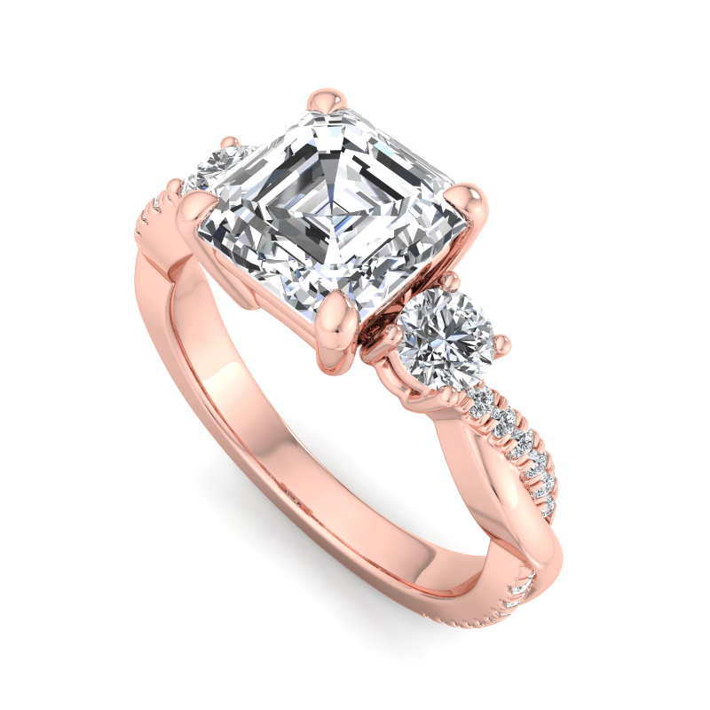 Rose Gold Luxe Twist Three Stone & 1ct Asscher Lab Grown Diamond Center