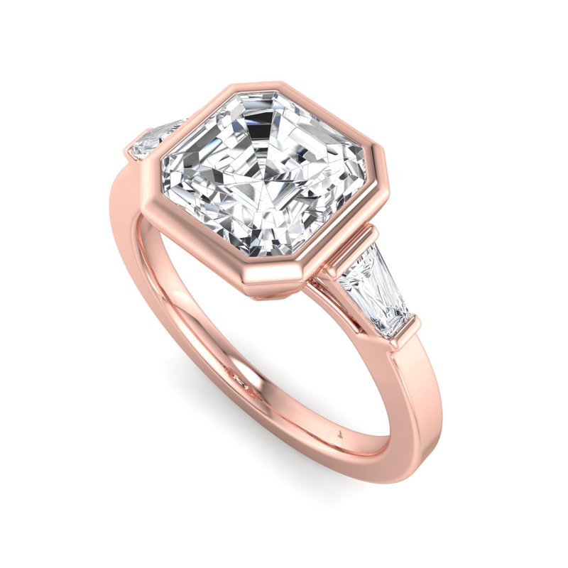 Rose Gold Deco Baguette Three Stone & 1ct Asscher Lab Grown Diamond Center