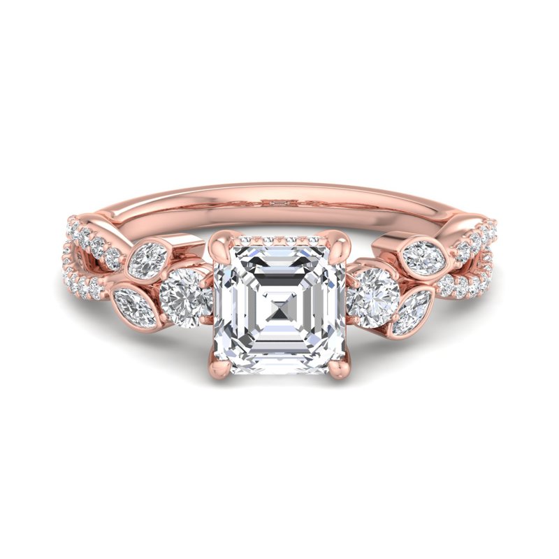 Rose Gold Floral Twist Three Stone & 1ct Asscher Lab Grown Diamond Center