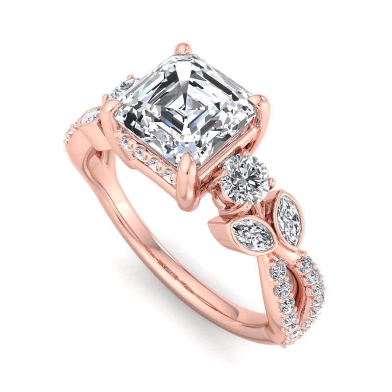 Rose Gold Floral Twist Three Stone & 1ct Asscher Lab Grown Diamond Center