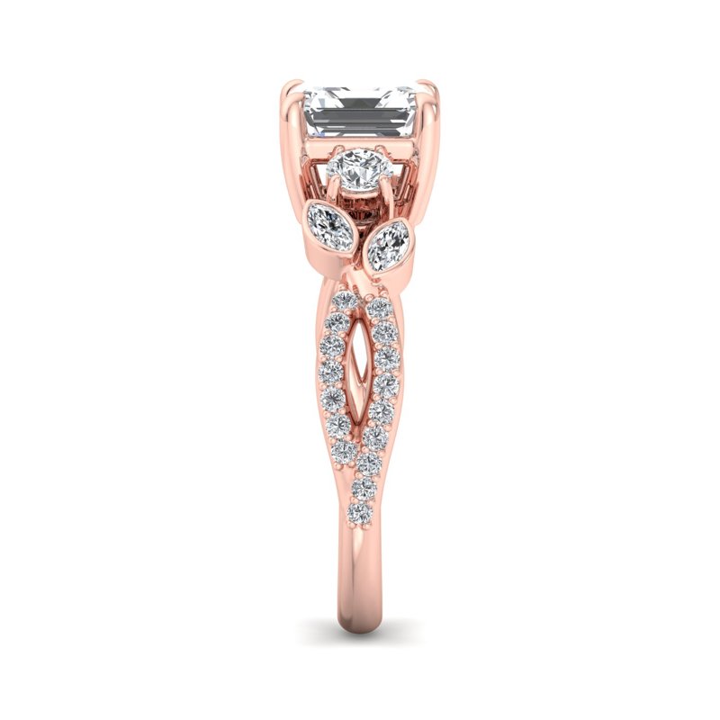 Rose Gold Floral Twist Three Stone & 1ct Asscher Lab Grown Diamond Center