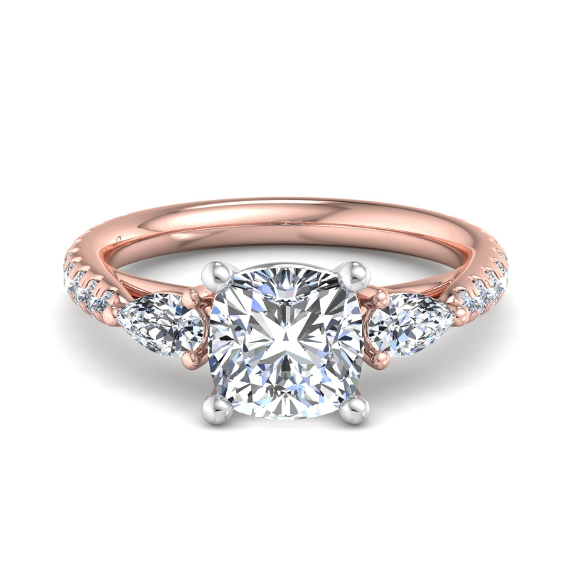 Rose Gold Three Stone Pear & Rounds (3/4ctw) & 1ct Cushion Lab Grown Diamond Center