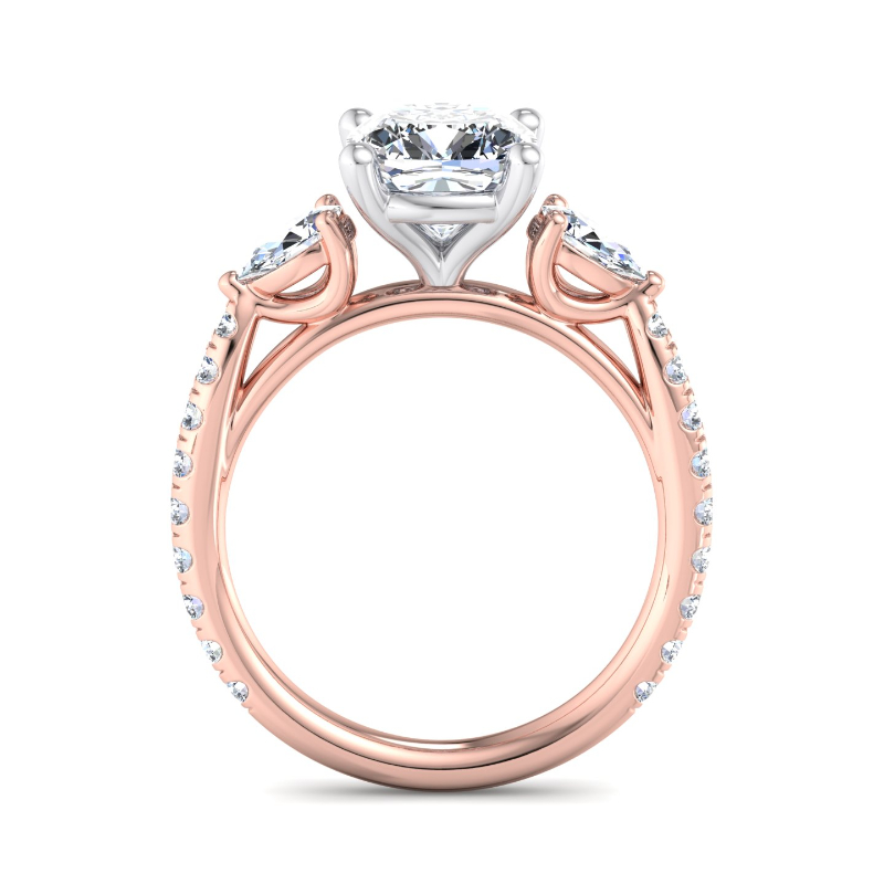 Rose Gold Three Stone Pear & Rounds (3/4ctw) & 1ct Cushion Lab Grown Diamond Center