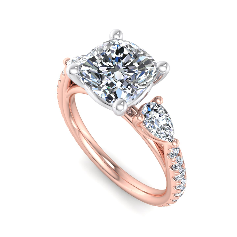 Rose Gold Three Stone Pear & Rounds (3/4ctw) & 1ct Cushion Lab Grown Diamond Center