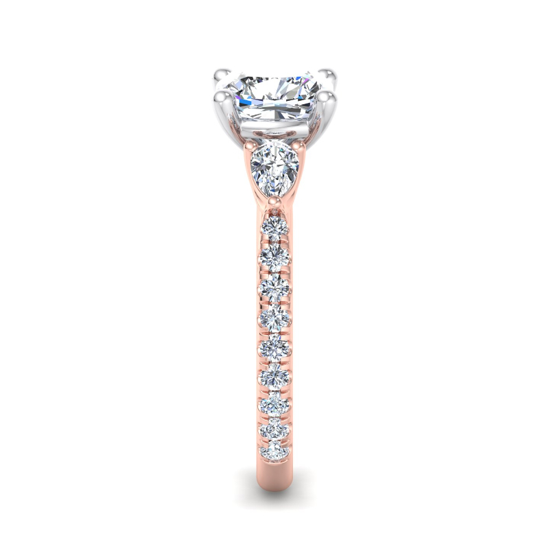 Rose Gold Three Stone Pear & Rounds (3/4ctw) & 1ct Cushion Lab Grown Diamond Center