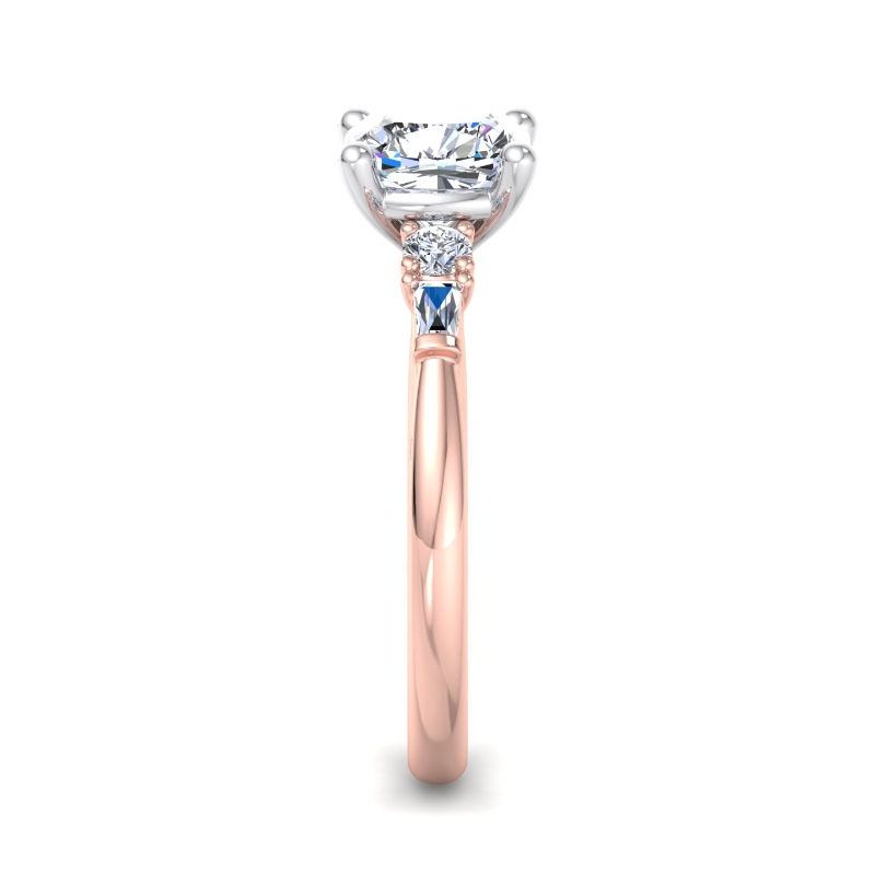 Rose Gold Gemini Round & Baguette (1/4ctw) & 1ct Cushion Lab Grown Diamond Center