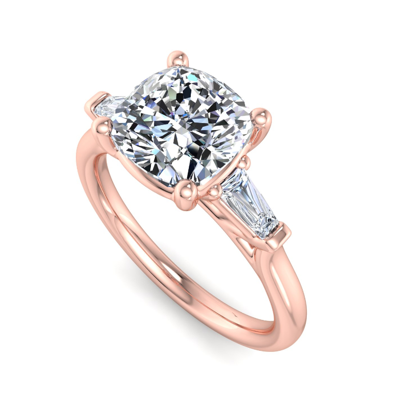 Rose Gold Mini Three Stone Baguette (1/5ctw) & 1ct Cushion Lab Grown Diamond Center