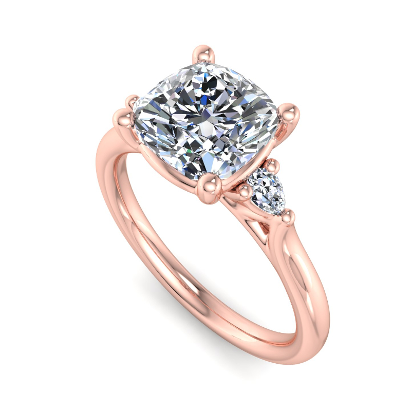 Rose Gold Mini Three Stone Pear (1/10ctw) & 1ct Cushion Lab Grown Diamond Center
