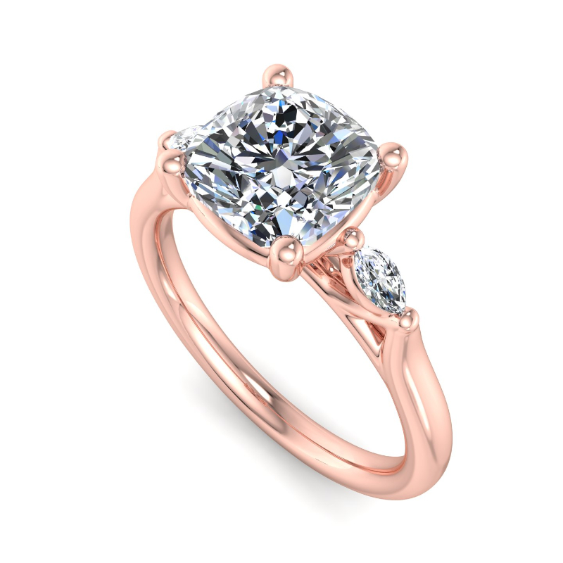 Rose Gold Mini Marquise Three Stone (1/10ctw) & 1ct Cushion Lab Grown Diamond Center