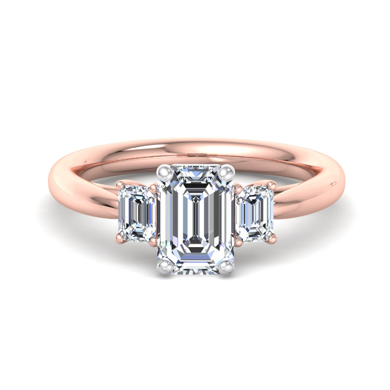 Rose Gold Three Stone Emerald Cut (3/8ctw) & 1ct Emerald Lab Grown Diamond Center