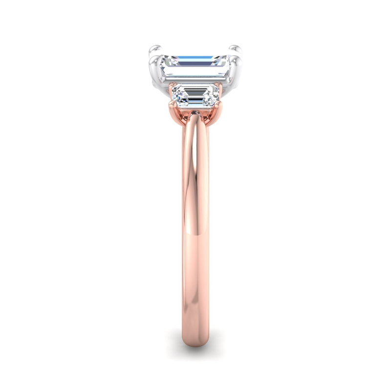Rose Gold Three Stone Emerald Cut (3/8ctw) & 1ct Emerald Lab Grown Diamond Center