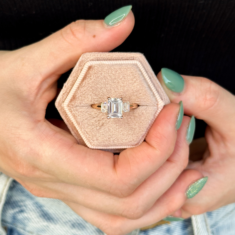 Rose Gold Three Stone Emerald Cut (3/8ctw) & 1ct Emerald Lab Grown Diamond Center