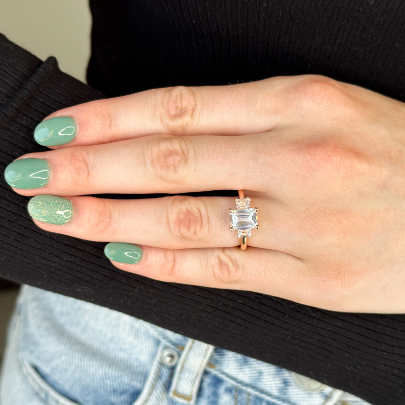 Rose Gold Three Stone Emerald Cut (3/8ctw) & 1ct Emerald Lab Grown Diamond Center