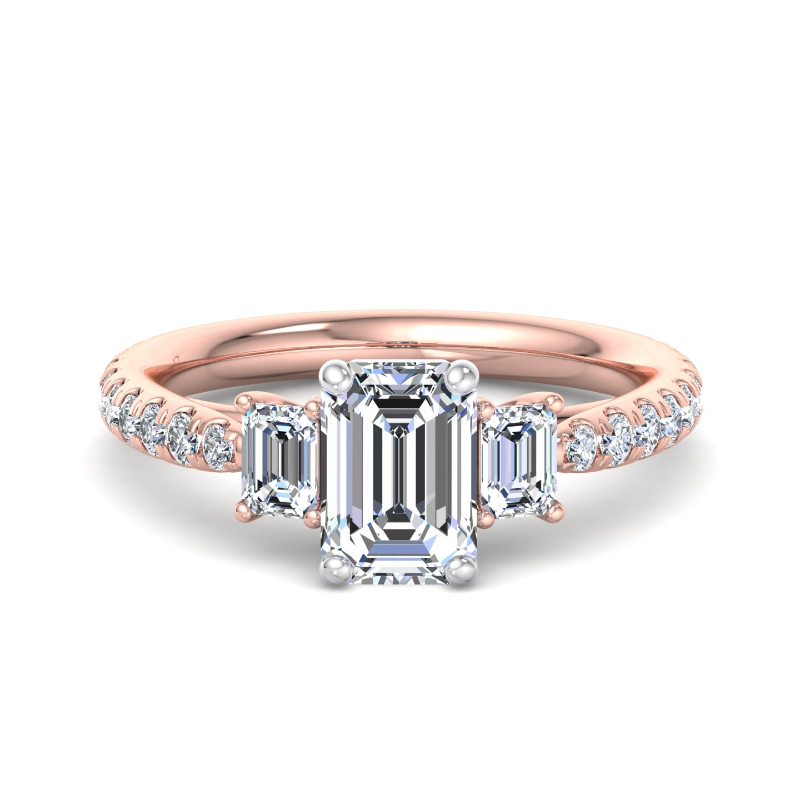 Rose Gold Three Stone Emerald & Rounds (3/4ctw) & 1ct Emerald Lab Grown Diamond Center