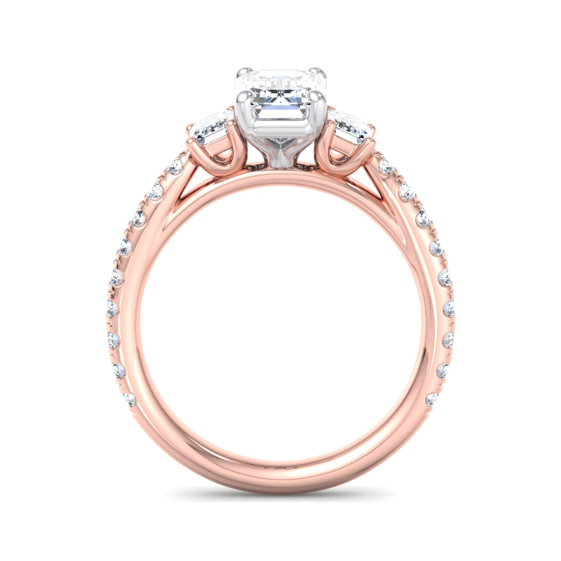 Rose Gold Three Stone Emerald & Rounds (3/4ctw) & 1ct Emerald Lab Grown Diamond Center