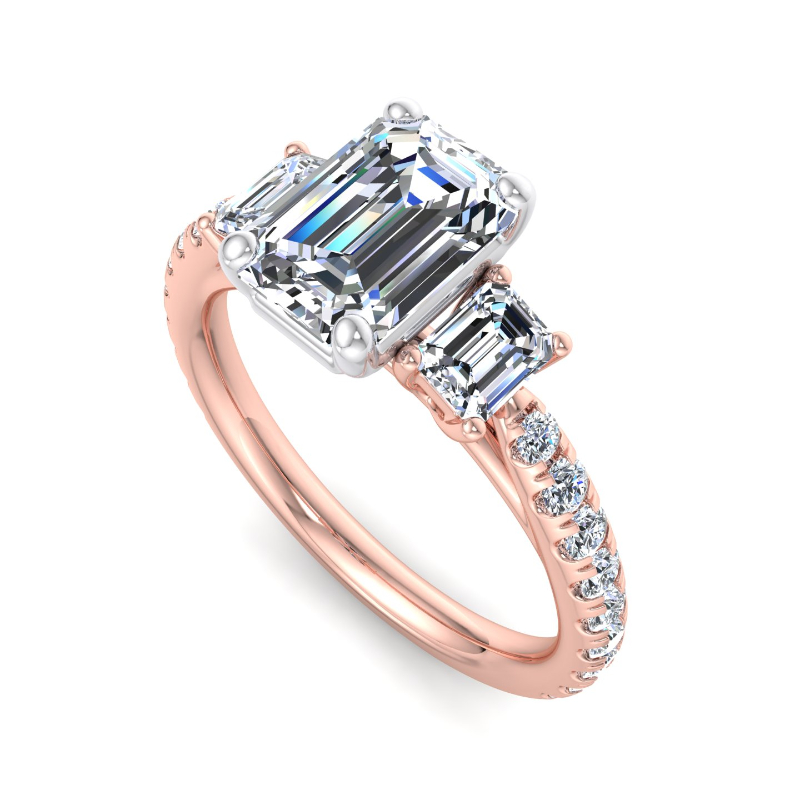 Rose Gold Three Stone Emerald & Rounds (3/4ctw) & 1ct Emerald Lab Grown Diamond Center