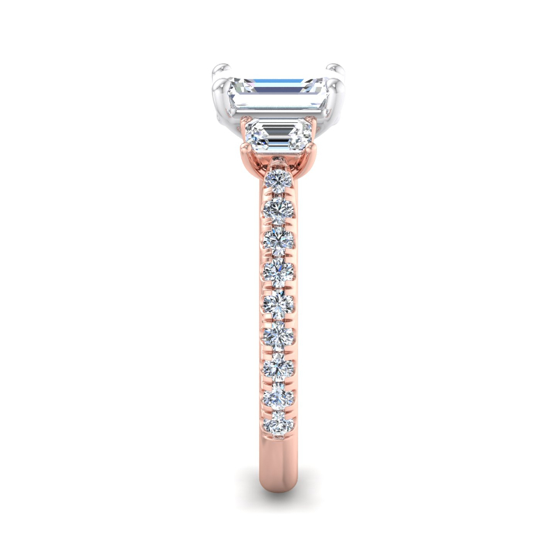 Rose Gold Three Stone Emerald & Rounds (3/4ctw) & 1ct Emerald Lab Grown Diamond Center