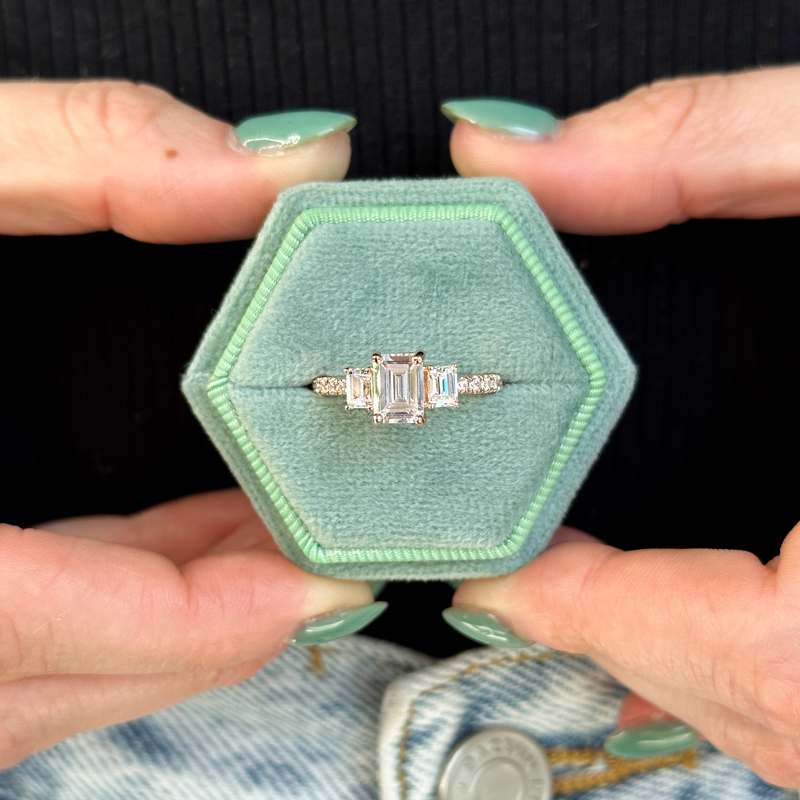 Rose Gold Three Stone Emerald & Rounds (3/4ctw) & 1ct Emerald Lab Grown Diamond Center