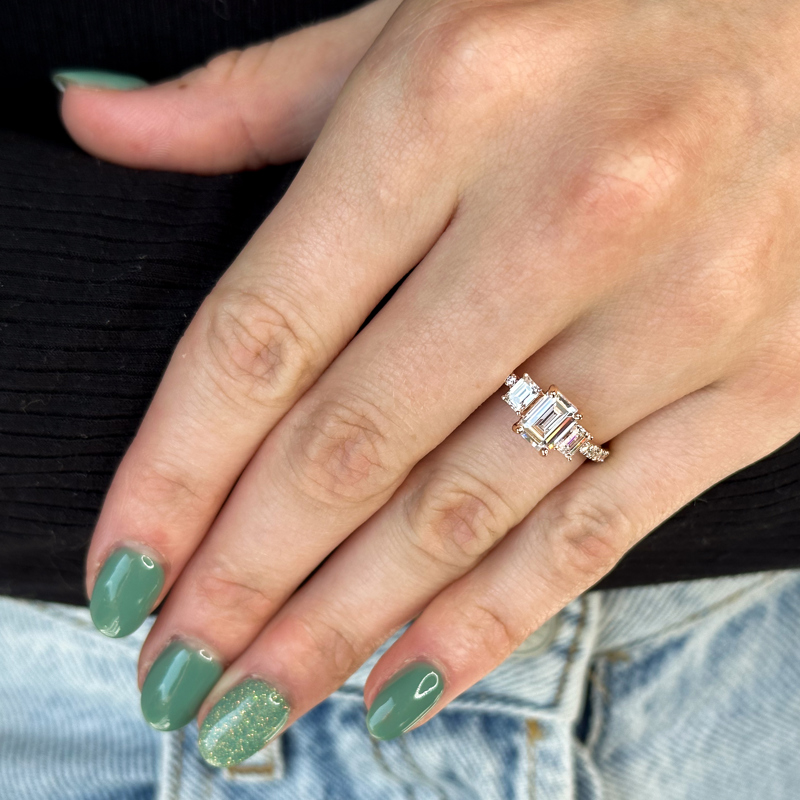 Rose Gold Three Stone Emerald & Rounds (3/4ctw) & 1ct Emerald Lab Grown Diamond Center