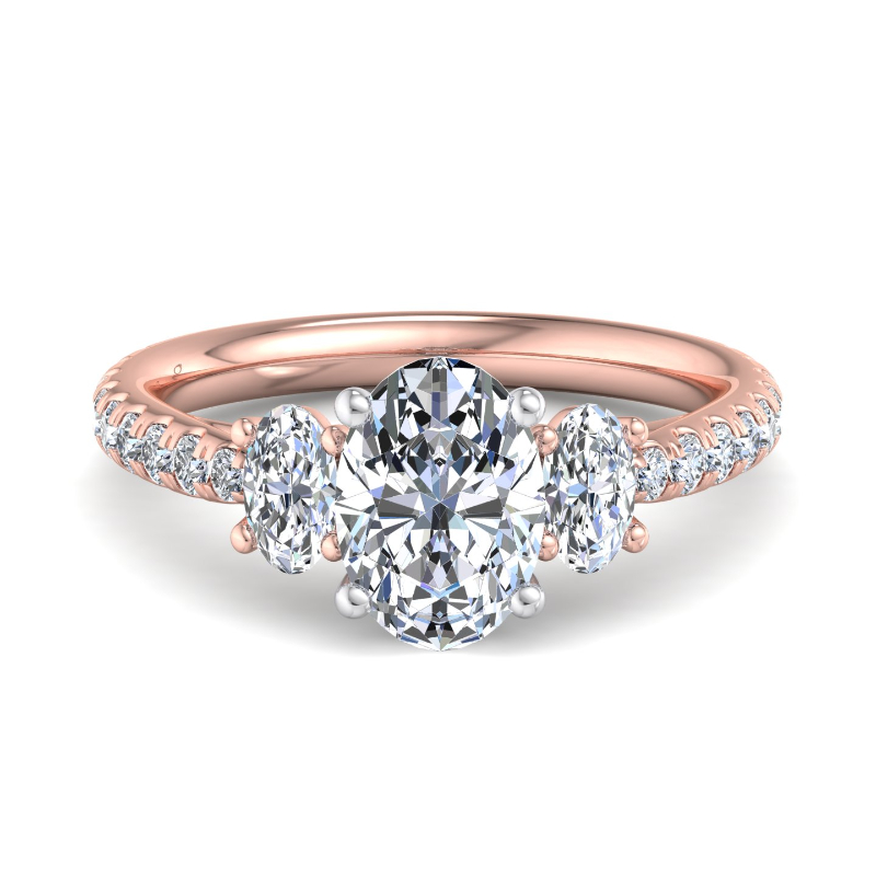 Rose Gold Three Stone Oval & Rounds (3/4ctw) & 1ct Oval Lab Grown Diamond Center