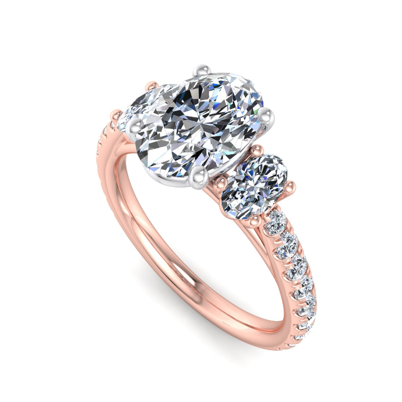 Rose Gold Three Stone Oval & Rounds (3/4ctw) & 1ct Oval Lab Grown Diamond Center