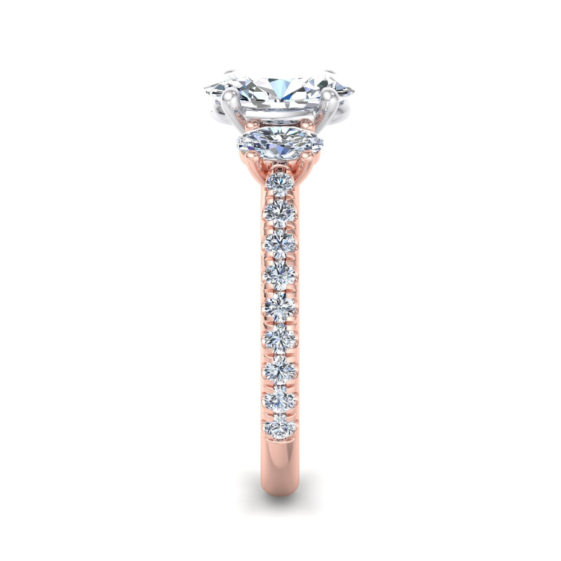 Rose Gold Three Stone Oval & Rounds (3/4ctw) & 1ct Oval Lab Grown Diamond Center