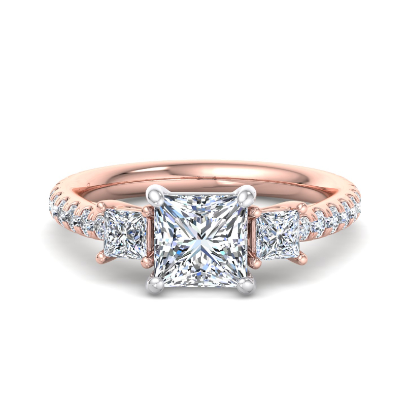 Rose Gold Three Stone Princess & Rounds (3/4ctw) & 1ct Princess Lab Grown Diamond Center