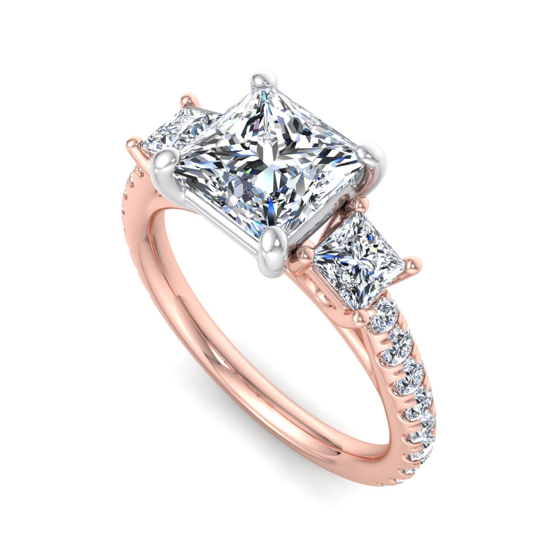 Rose Gold Three Stone Princess & Rounds (3/4ctw) & 1ct Princess Lab Grown Diamond Center
