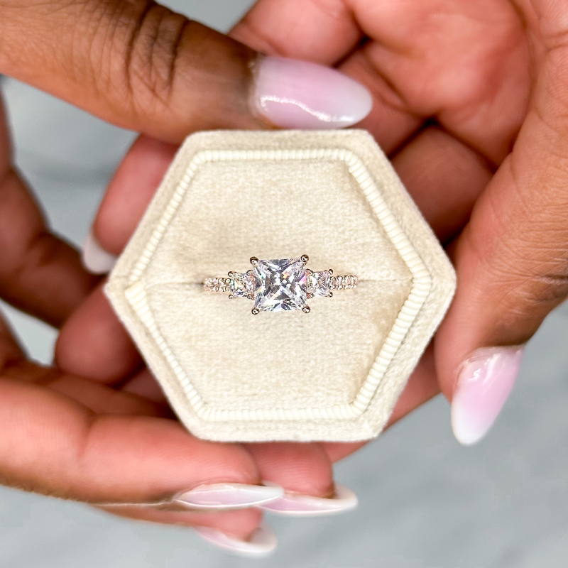 Rose Gold Three Stone Princess & Rounds (3/4ctw) & 1ct Princess Lab Grown Diamond Center