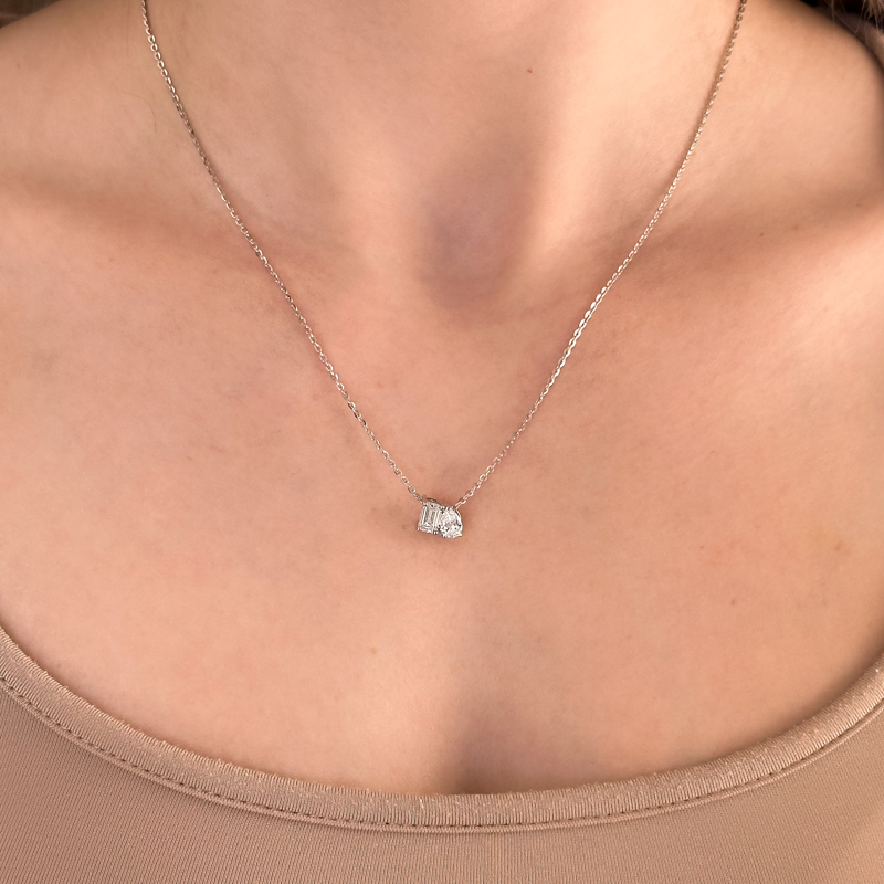 White Gold Toi Et Moi Pear Emerald Lab Grown Diamond Necklace (3/4ctw)