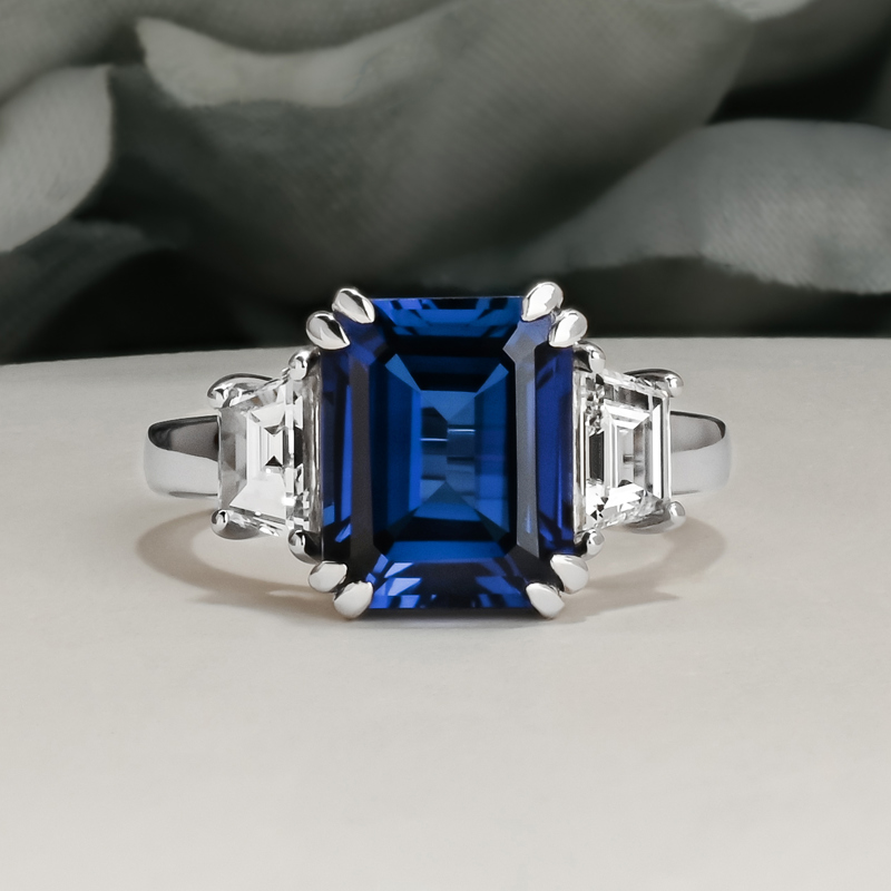 Lab Created Sapphire & Diamond Step Cut Trapezoid Ring