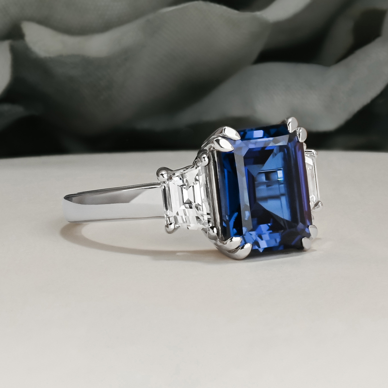Lab Created Sapphire & Diamond Step Cut Trapezoid Ring
