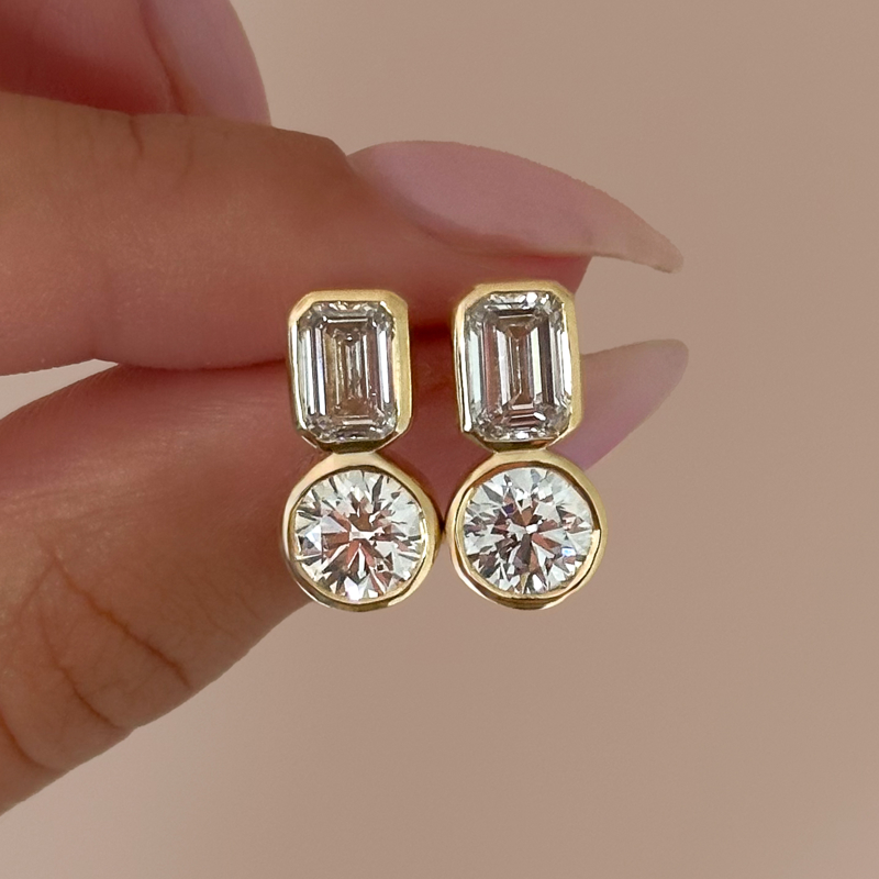 Yellow Gold Emerald & Round Bezel Drop (4ctw)