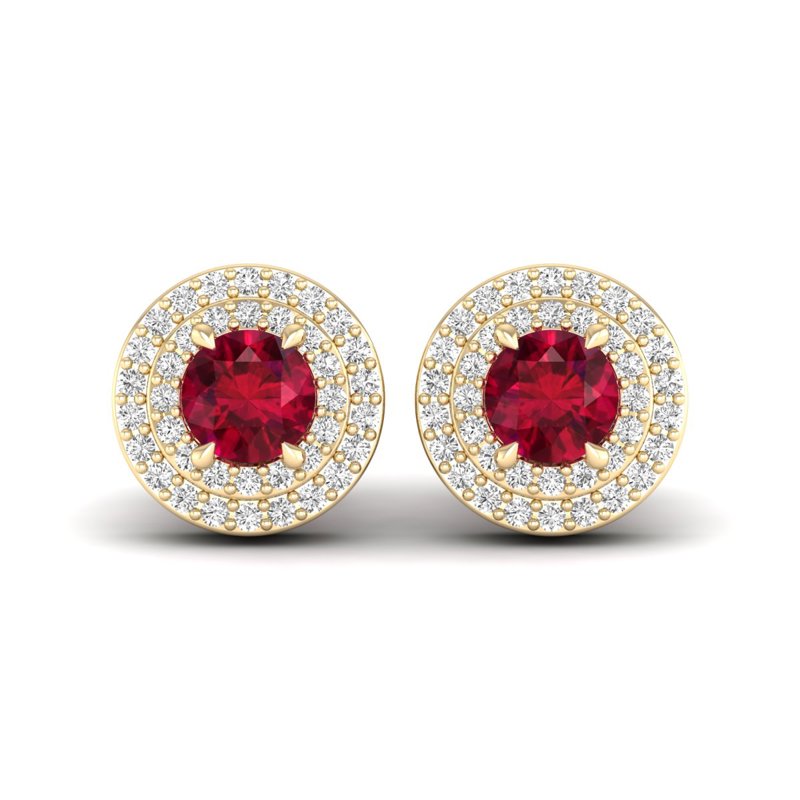 Yellow Gold Round Ruby & Diamond Earrings