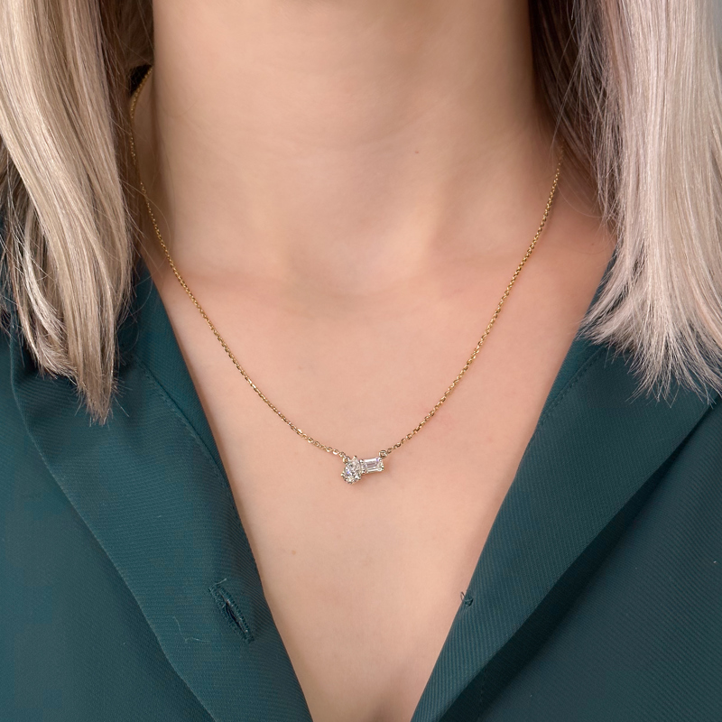 Rose Gold Linear Toi et Moi Pear Emerald Lab Grown Diamond Necklace (1ctw)